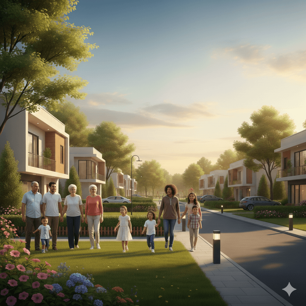 Property discovery dashboard over a modern cityscape